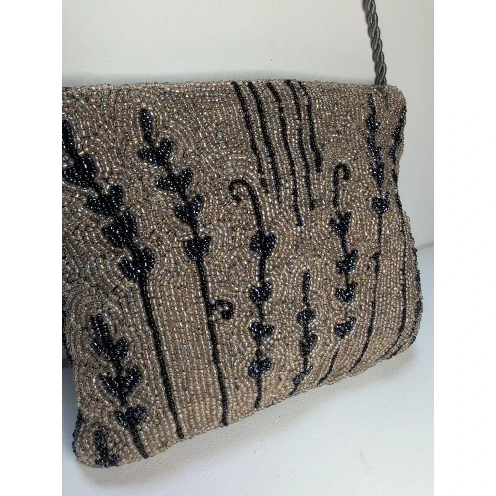 Fabulous Vintage Hand Beaded Purse Evening Bag Satin Lined Rope Strap Beautiful